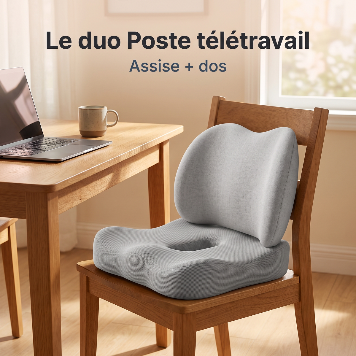 Le duo Poste télétravail : coussin d'assise et coussin dos sur une chaise en bois