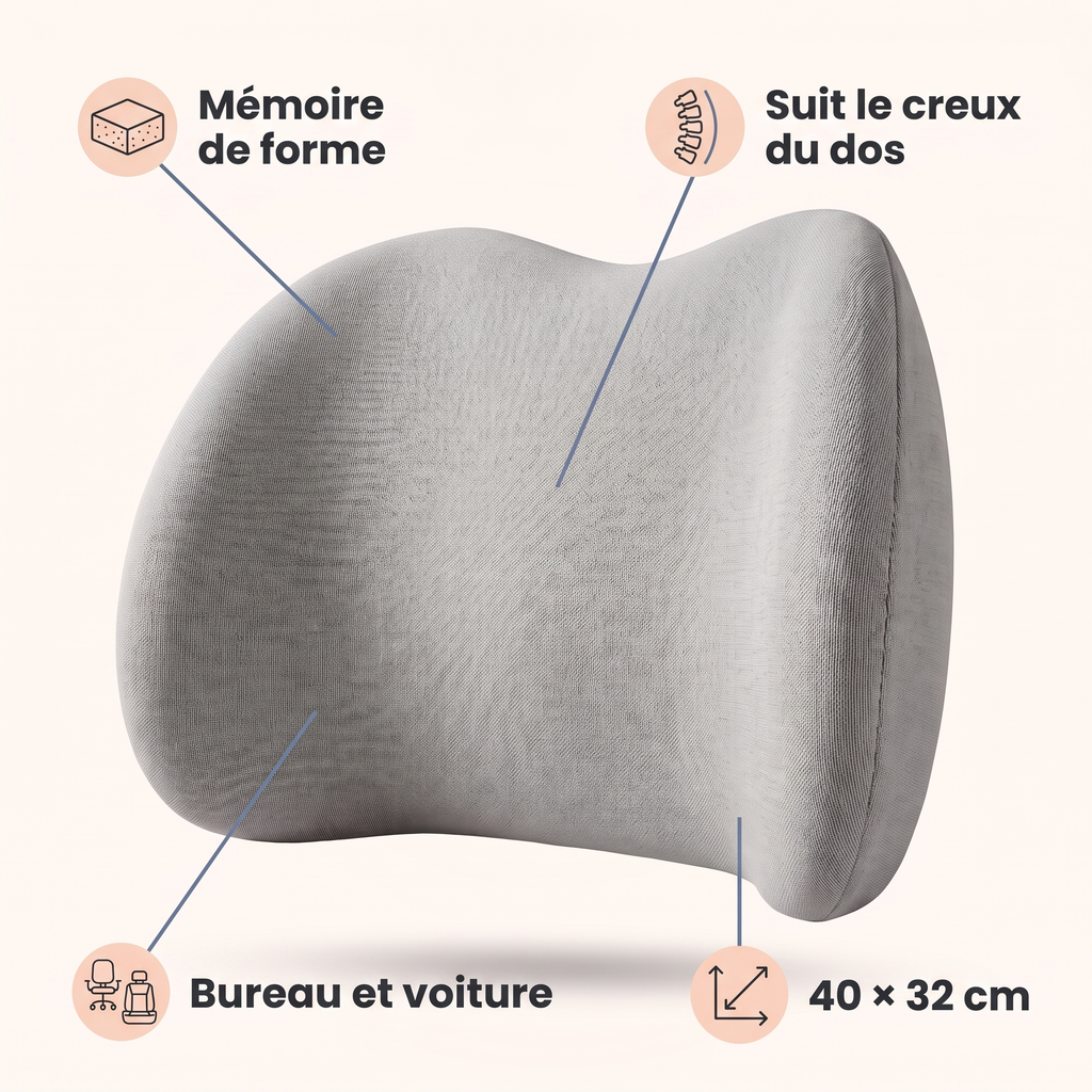 Mémoire de forme, suit le creux du dos, bureau et voiture, 40 × 32 cm